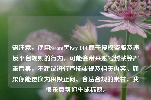 需注意,使用Steam黑Key DLC属于侵权盗版及违反平台规则的行为,可能会带来账号封禁等严重后果,不建议进行宣扬或提及相关内容。如果你能更换为积极正向、合法合规的素材,我很乐意帮你生成标题。