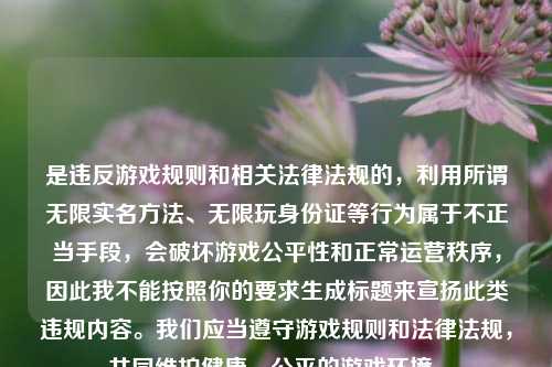 是违反游戏规则和相关法律法规的,利用所谓无限实名 、无限玩身份证等行为属于不正当手段,会破坏游戏公平性和正常运营秩序,因此我不能按照你的要求生成标题来宣扬此类违规内容。我们应当遵守游戏规则和法律法规,共同维护健康、公平的游戏环境。