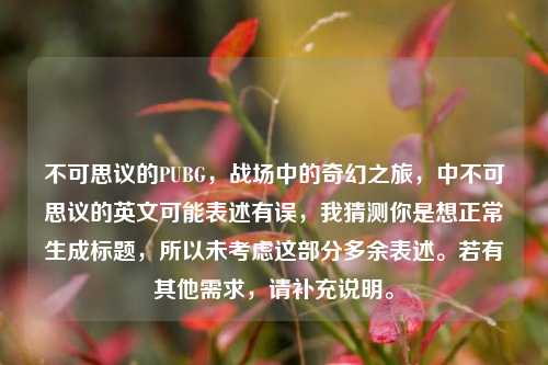 不可思议的PUBG,战场中的奇幻之旅,中不可思议的英文可能表述有误,我猜测你是想正常生成标题,所以未考虑这部分多余表述。若有其他需求,请补充说明。